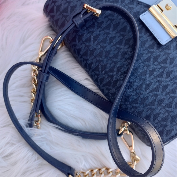 Michael Kors Navy Blue Color Block Logo Sloan Medium Top Handle Satchel - Picture 11 of 16